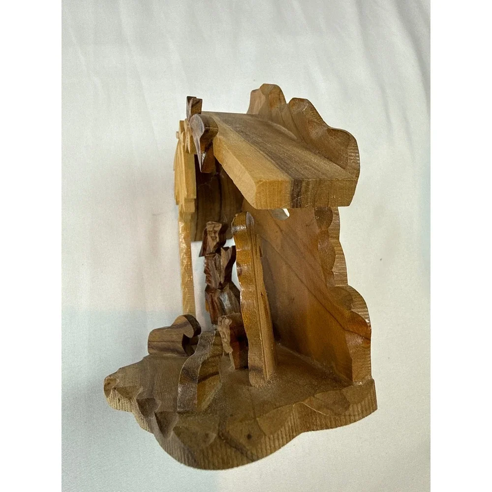 Hand Carved Olive Wood Nativity Scene Small Rustic Christmas Stable Ornament